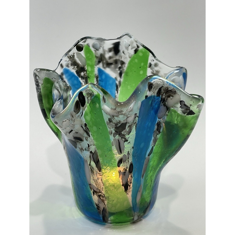 Fused Glass Vase Candleholder Tea light Unique Abstract Style Multicolored - Picture 2 of 5